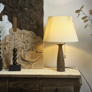 White Elegant Pleated Fabric Lampshade Wooden Table Lamp Zawala Image - 2