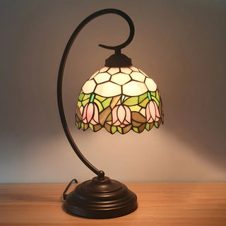 Baroque Metal Pink Floral Stained Glass Curvy Desk Lamp Zawala Image - 2