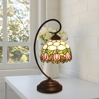 Baroque Metal Pink Floral Stained Glass Curvy Desk Lamp Zawala Image - 6