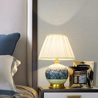 Vintage White Fabric Shade Globe Ceramic Table Lamp Zawala Image - 1