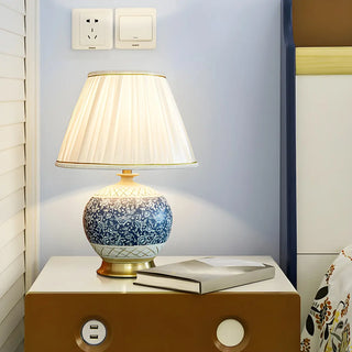 Vintage White Fabric Shade Globe Ceramic Table Lamp Zawala Image - 2