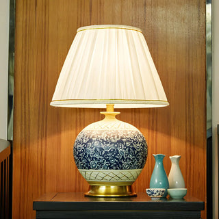 Vintage White Fabric Shade Globe Ceramic Table Lamp Zawala Image - 3
