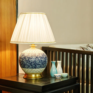 Vintage White Fabric Shade Globe Ceramic Table Lamp Zawala Image - 5