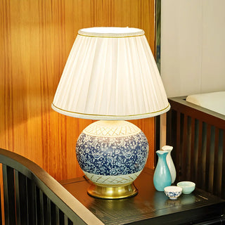 Vintage White Fabric Shade Globe Ceramic Table Lamp Zawala Image - 7