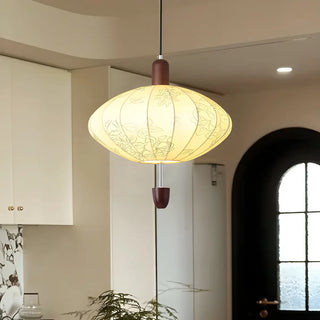 ZOWALA - Lantern Fabric Beige Wood Ball Living Room Chandelier Image - 1