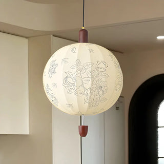ZOWALA - Lantern Fabric Beige Wood Ball Living Room Chandelier Image - 10