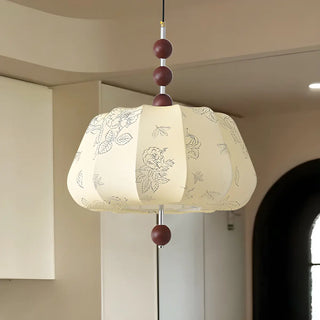 ZOWALA - Lantern Fabric Beige Wood Ball Living Room Chandelier Image - 11