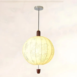 ZOWALA - Lantern Fabric Beige Wood Ball Living Room Chandelier Image - 12
