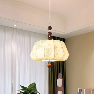 ZOWALA - Lantern Fabric Beige Wood Ball Living Room Chandelier Image - 2