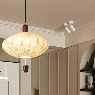 ZOWALA - Lantern Fabric Beige Wood Ball Living Room Chandelier Image - 4