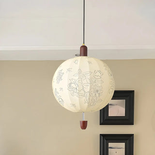 ZOWALA - Lantern Fabric Beige Wood Ball Living Room Chandelier Image - 5