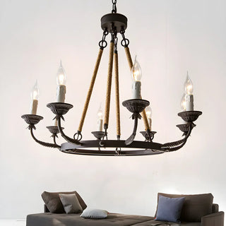 ZOWALA - Wheel Rope Candle Rust Multi-Light Farmhouse Chandelier Image - 16