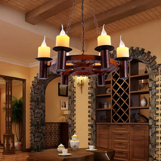 ZOWALA - Metal Candle Dining Room Wheel Brown Farmhouse Chandelier Image - 1