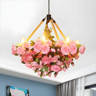 ZOWALA - Flower Round Yellow Rope Large Farmhouse Chandelier Image - 12