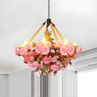 ZOWALA - Flower Round Yellow Rope Large Farmhouse Chandelier Image - 13