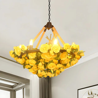 ZOWALA - Flower Round Yellow Rope Large Farmhouse Chandelier Image - 2