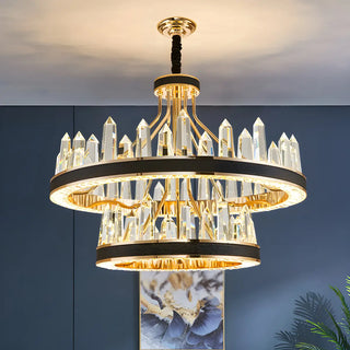 Crystal Round Black Gold Tiered Living Room Chandelier Image - 4