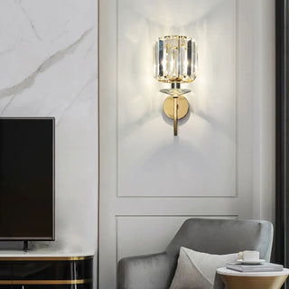 Stylish Clear Crystal Gold Cylinder Metal Wall Sconce Zawala Image - 1