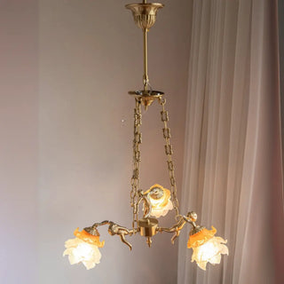 ZOWALA - Gold Flower Angel Chain Glass 3-Light Medium Chandelier Image - 2