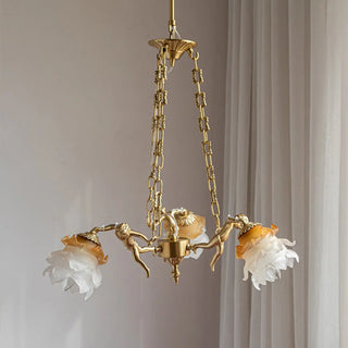 ZOWALA - Gold Flower Angel Chain Glass 3-Light Medium Chandelier Image - 3