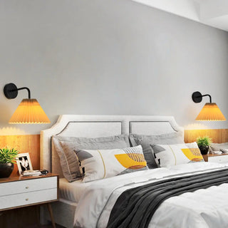 Bedroom Brown Pleated Fabric Shade Cone Wall Sconce Image - 26