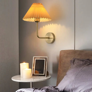 Bedroom Brown Pleated Fabric Shade Cone Wall Sconce Image - 3