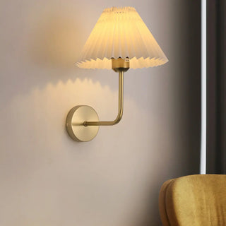 Bedroom Brown Pleated Fabric Shade Cone Wall Sconce Image - 4