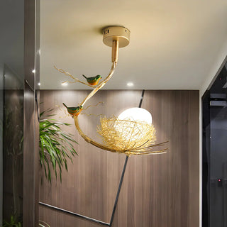 Modern Golden Branch Bird Nest White Glass Egg Pendant Light Zawala Image - 1