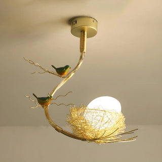 Modern Golden Branch Bird Nest White Glass Egg Pendant Light Zawala Image - 2