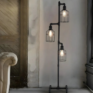 3-Light Industrial Cage Rustic Iron LED Floor Lamp Zawala Image - 1
