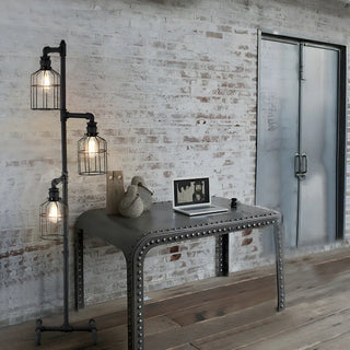 3-Light Industrial Cage Rustic Iron LED Floor Lamp Zawala Image - 2