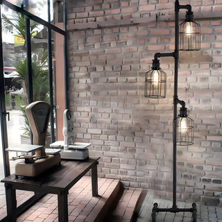 3-Light Industrial Cage Rustic Iron LED Floor Lamp Zawala Image - 3