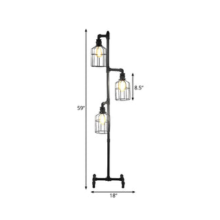 3-Light Industrial Cage Rustic Iron LED Floor Lamp Zawala #size