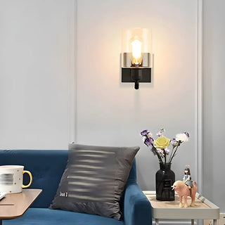 Industrial Glass Cylinder Metal Wall Vanity Light Black Zawala Image - 3