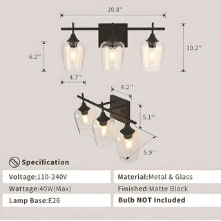 Industrial Black Clear Glass 3 Bulbs Wall Vanity Light Zawala Image - 10