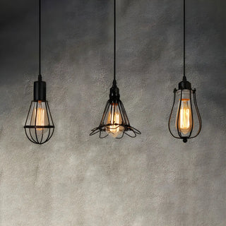 Industrial Black Metal Cage Edison Bulbs Pendant Light Set Zawala Image - 1