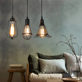 Industrial Black Metal Cage Edison Bulbs Pendant Light Set Zawala Image - 2