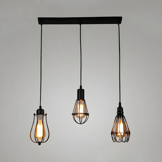 Industrial Black Metal Cage Edison Bulbs Pendant Light Set Zawala Image - 3