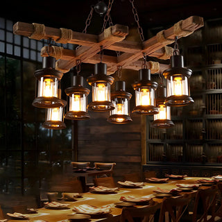 ZOWALA - Industrial Brown Wood 8-Light Lantern Chandelier