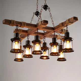 ZOWALA - Industrial Brown Wood 8-Light Lantern Chandelier