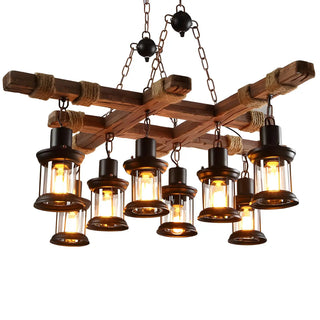 ZOWALA - Industrial Brown Wood 8-Light Lantern Chandelier