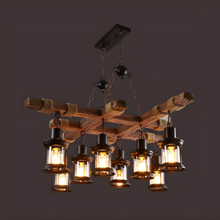 ZOWALA - Industrial Brown Wood 8-Light Lantern Chandelier