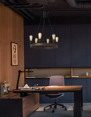 ZOWALA - Wheel Wood Color Metal Living Room Edison Bulb Chandelier Image - 13