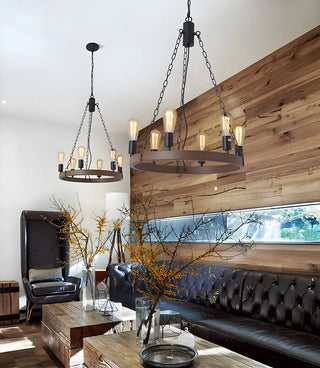 ZOWALA - Wheel Wood Color Metal Living Room Edison Bulb Chandelier Image - 15