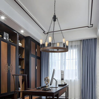 ZOWALA - Wheel Wood Color Metal Living Room Edison Bulb Chandelier Image - 3