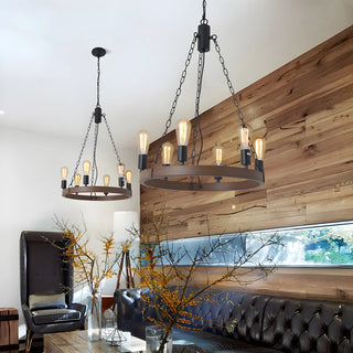 ZOWALA - Wheel Wood Color Metal Living Room Edison Bulb Chandelier Image - 4