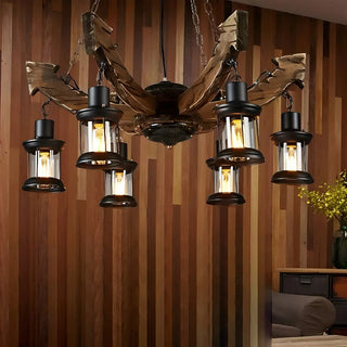 ZOWALA - Rustic Wooden Antler Chandelier with 6 Lanterns Image - 1