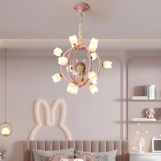 ZOWALA - Globe Flower Angel Metal Kids Room Pink Chandelier Image - 1