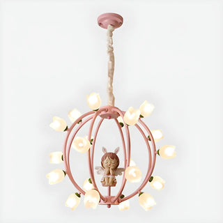 ZOWALA - Globe Flower Angel Metal Kids Room Pink Chandelier Image - 12