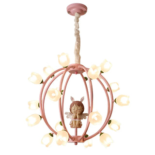 ZOWALA - Globe Flower Angel Metal Kids Room Pink Chandelier Image - 14